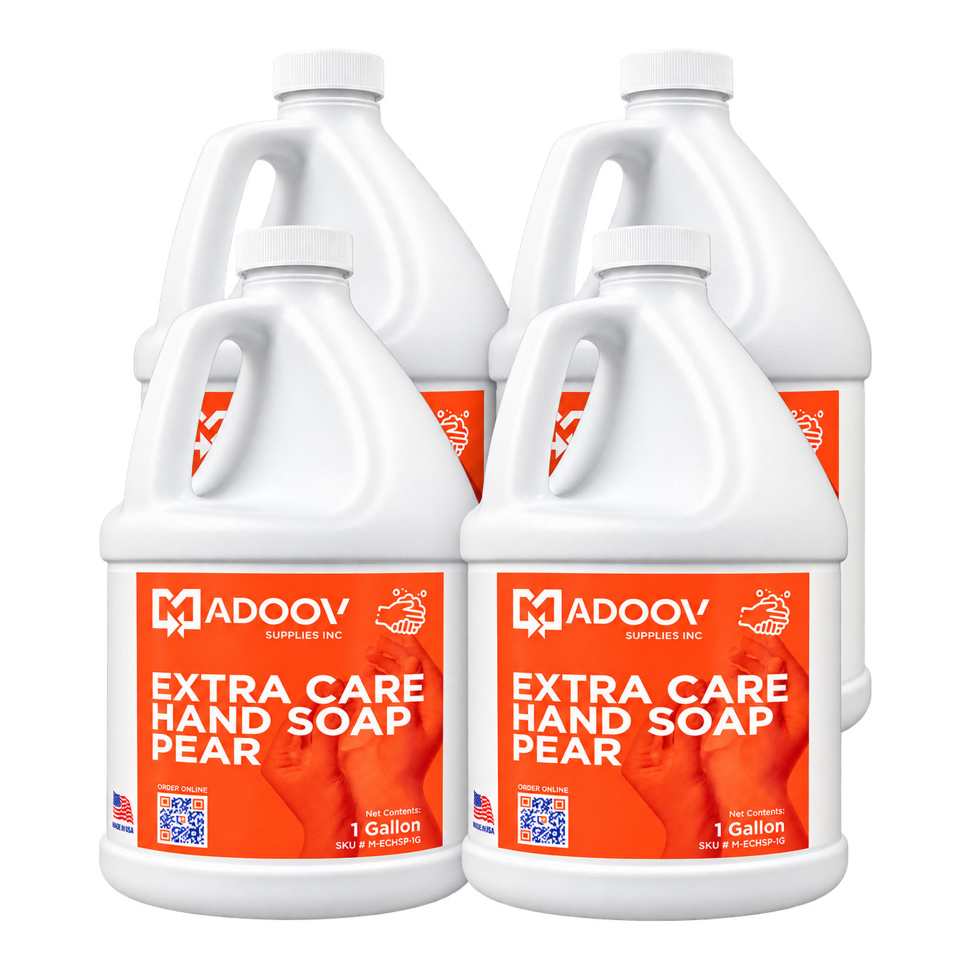 Four 1-gallon jugs of Madoov Extra Care Hand Soap Pear