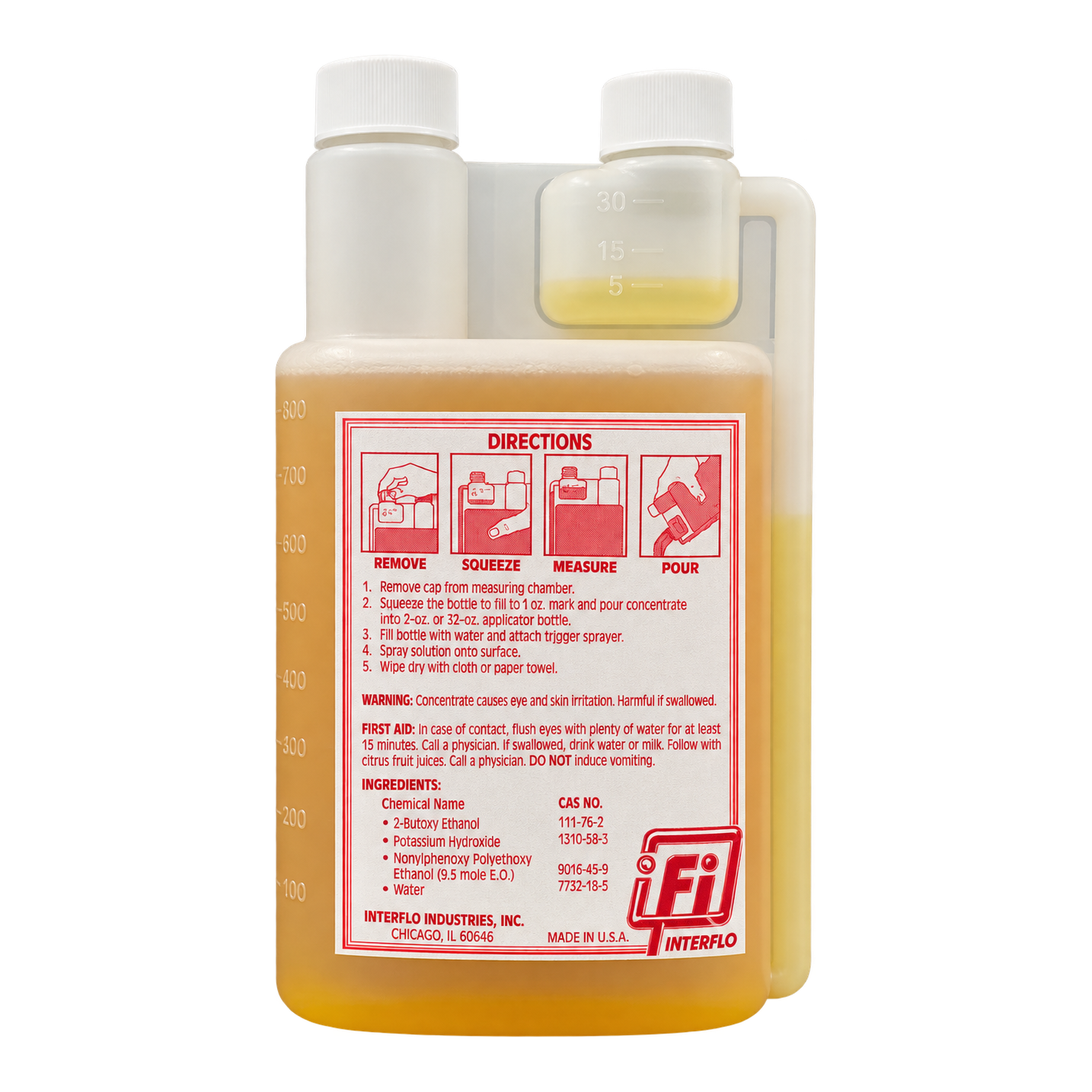 Back label of Degreaser 100 with directions for the measuring chamber
