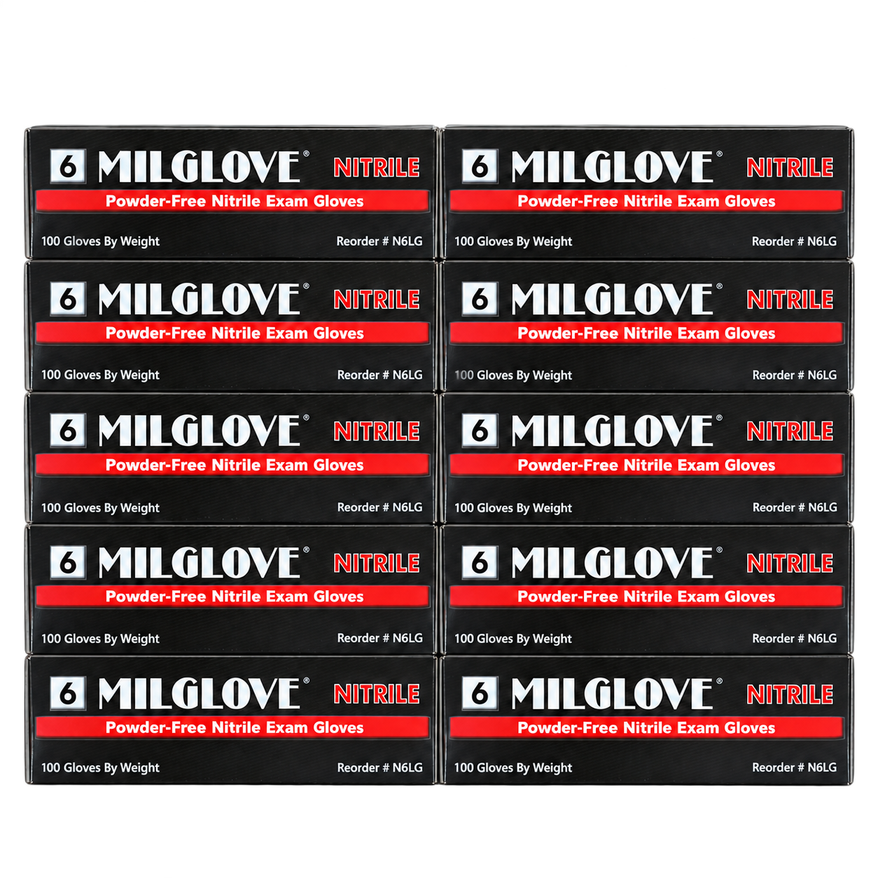 UniSafe 6 MilGlove gloves, case pack illustrated with 10 boxes arranged in two stacks of five