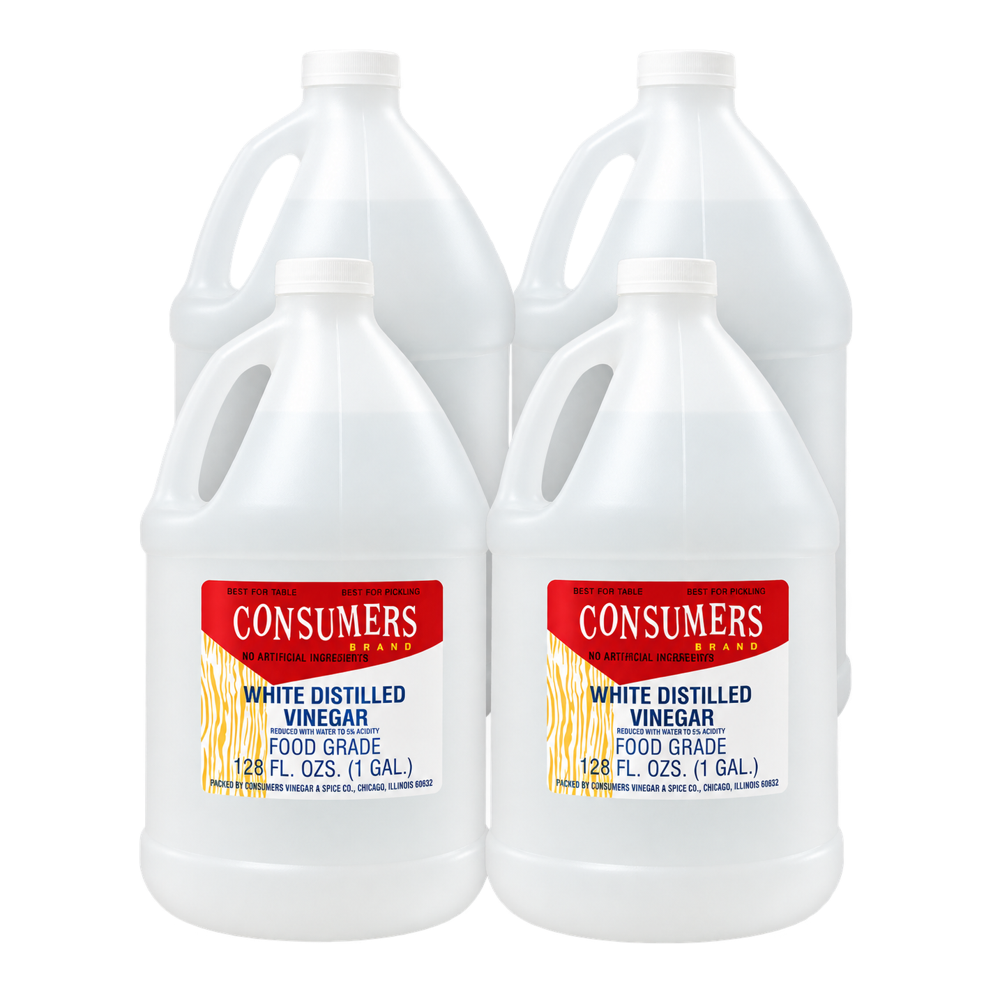 Four 1-gallon jugs of Consumers white distilled vinegar