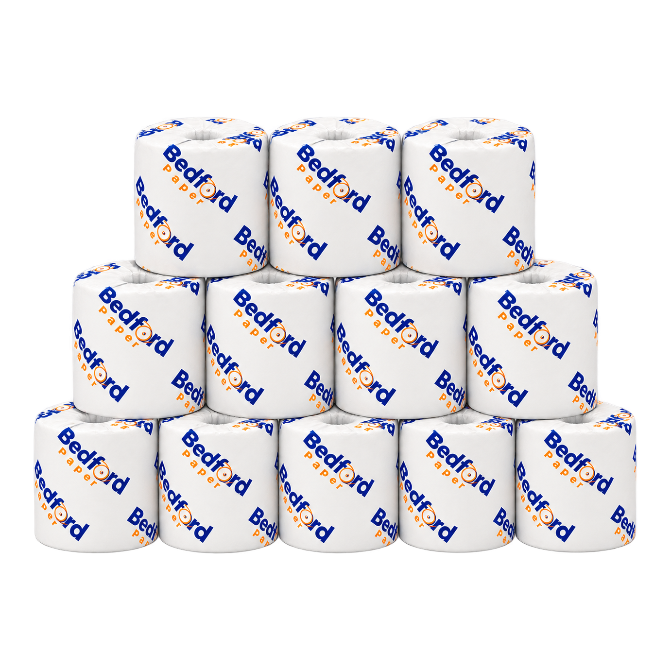 Wrapped rolls of Bedford bath tissue stacked