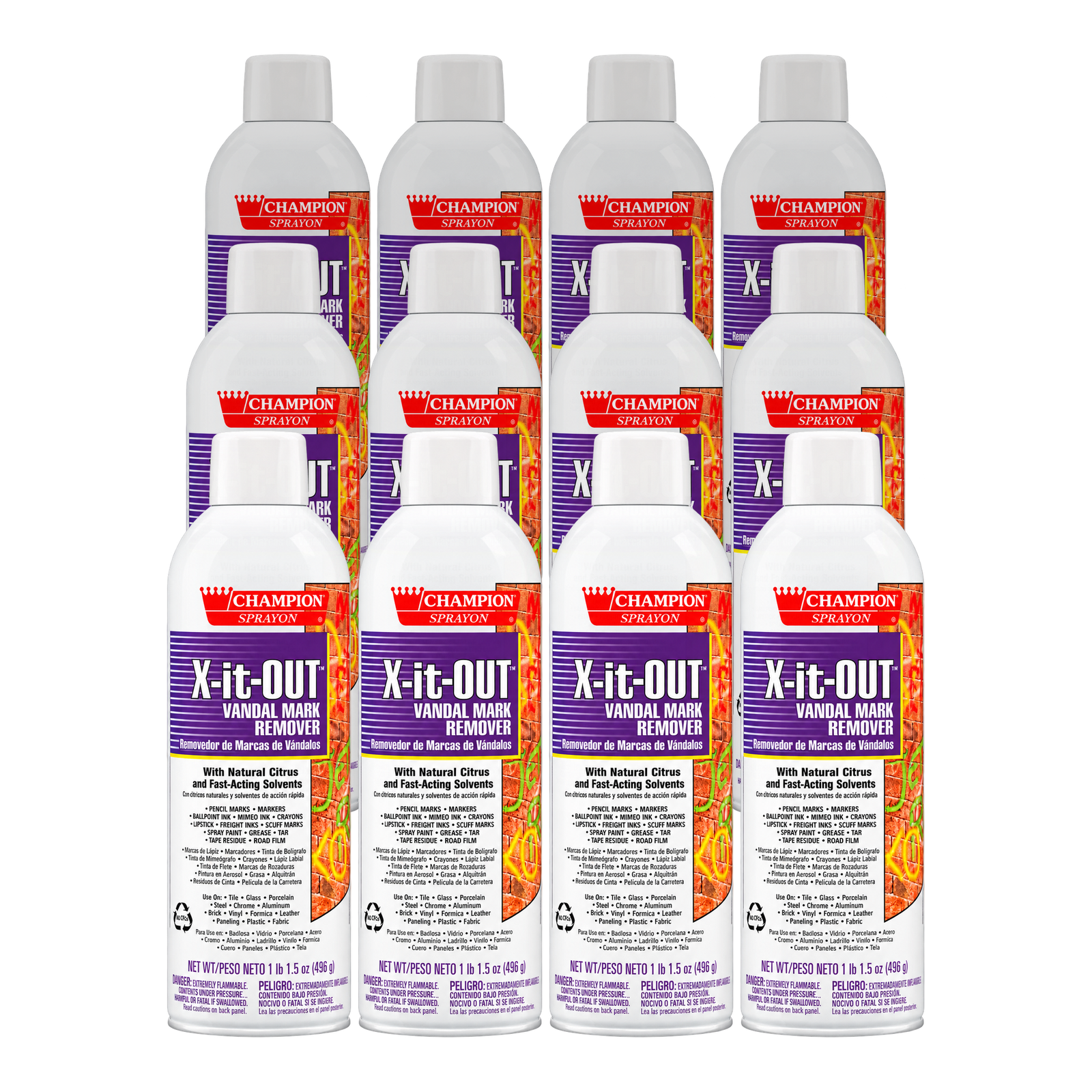 Twelve cans of Champion Sprayon X-it-OUT Vandal Mark Remover