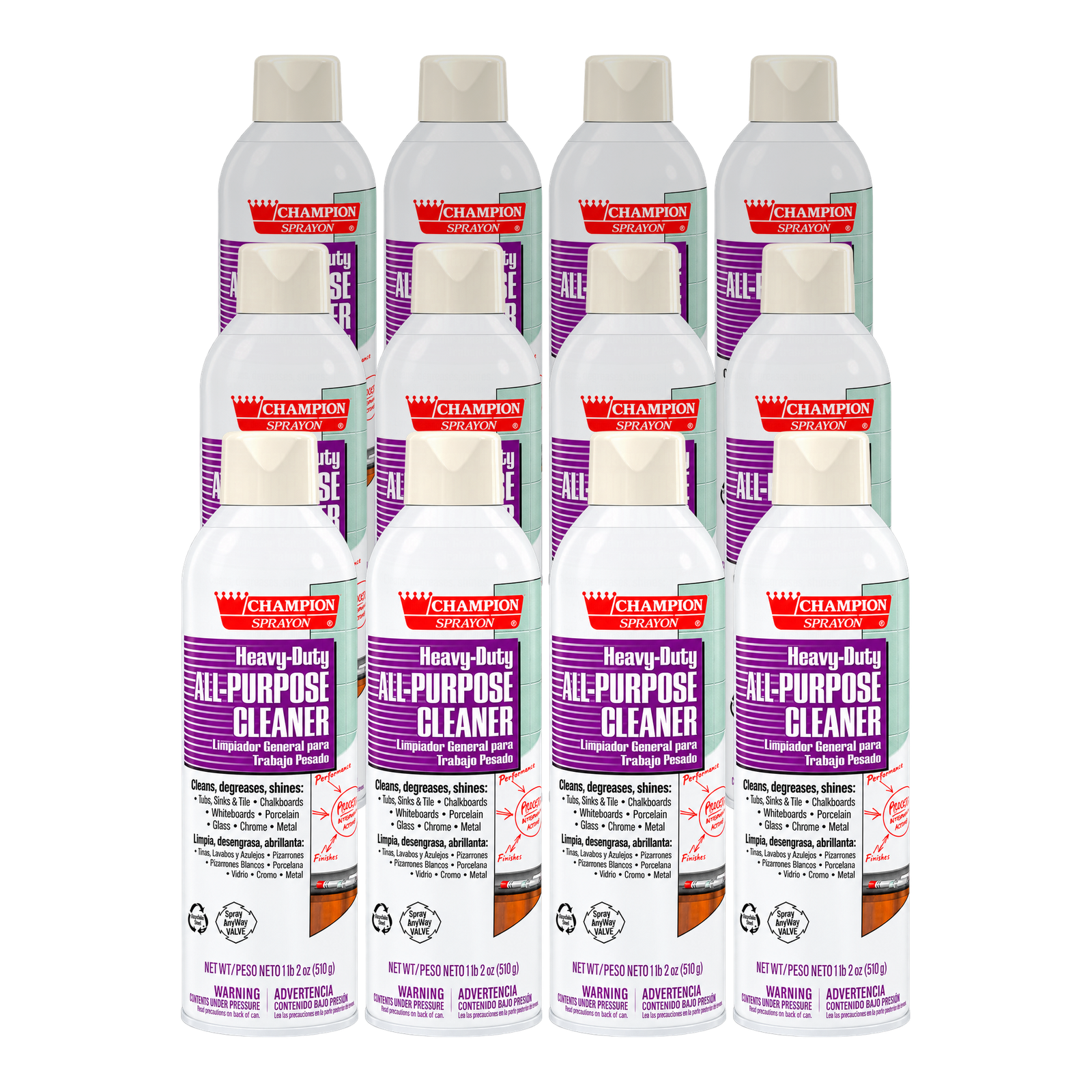 Twelve cans of Champion Sprayon Heavy-Duty All-Purpose Cleaner