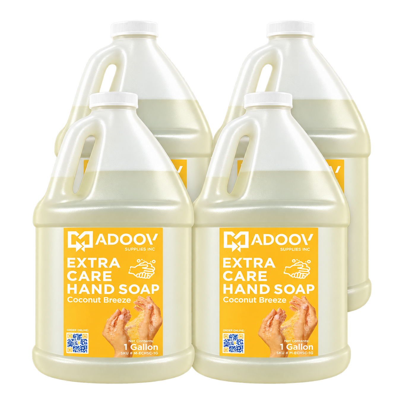 Four 1-gallon jugs of Madoov Extra Care Hand Soap Coconut Breeze